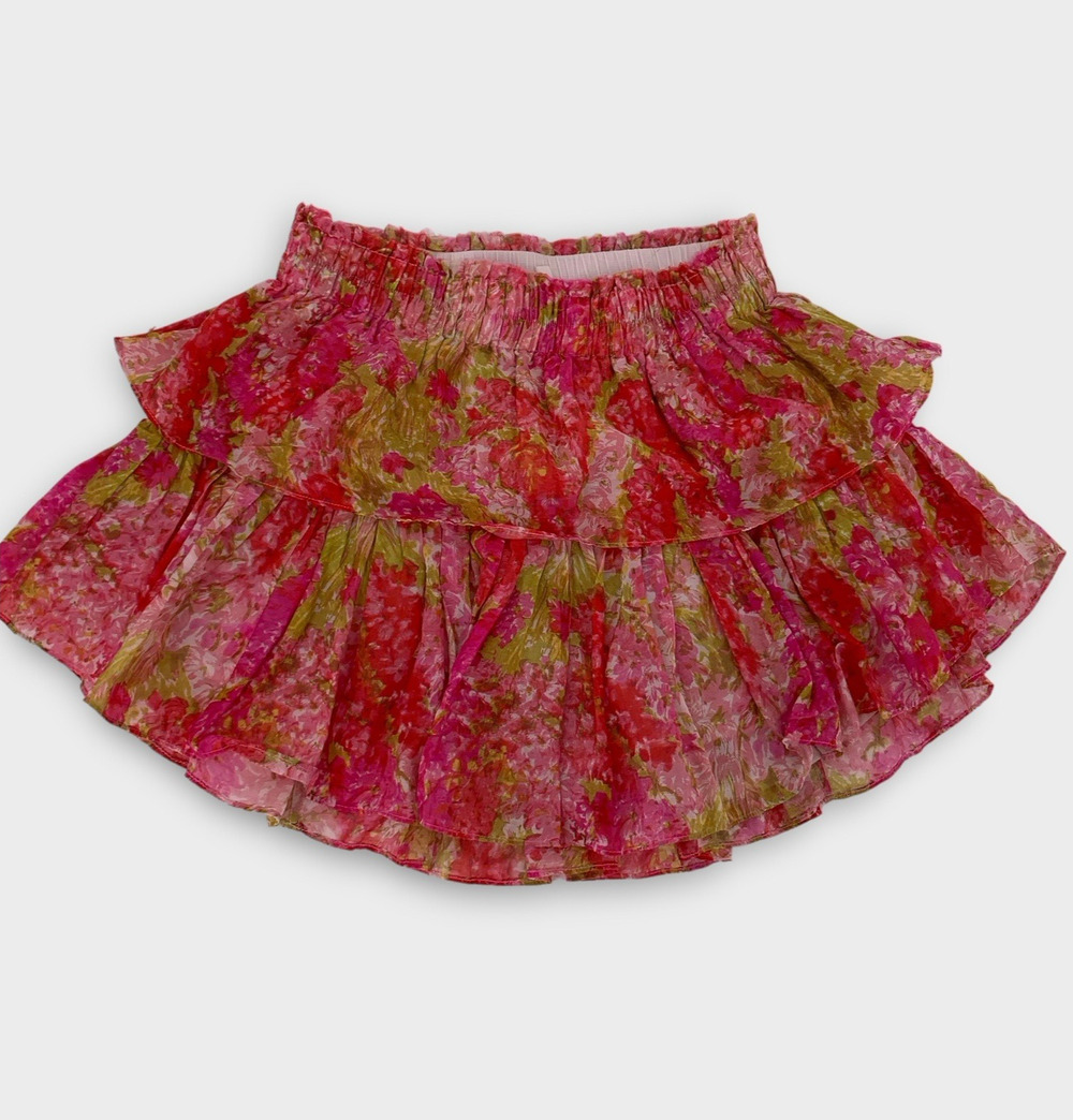 LoveShackFancy Ruffle Mini Skirt Coral Pink Green Floral Tiered Boho XS